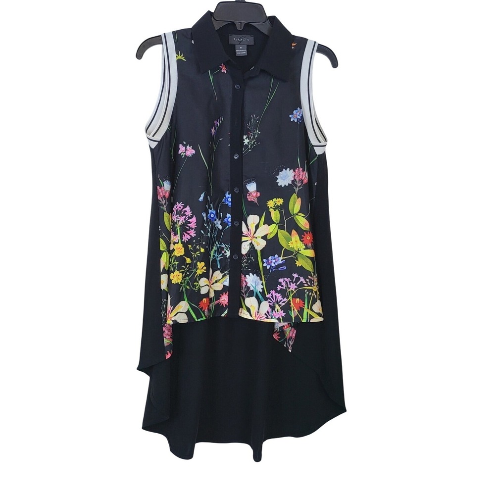Gracia Womens Black Floral Hi-Low Collared‎ Sleeveless Button Down Blouse Medium